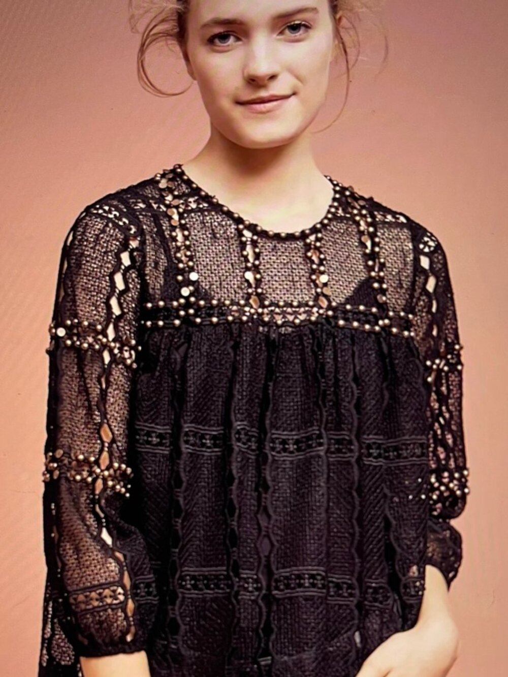 MAEVE Anthropologie Black Lace & Brass Studded Top: Size MEDIUM; NWOT!